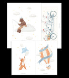 GENTLE FRIENDS - Sett med 4 barneplakater - Kanin, bjørn, rev, varmluftsballonger